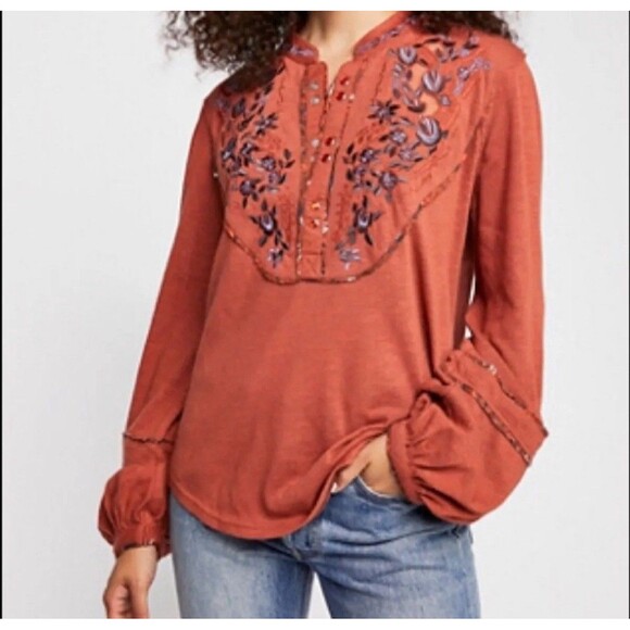 Free People Sundance Kid Western Henley Top Floral Embroidered Small Pearl Snap - Picture 2 of 14
